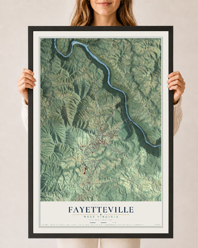 Map of Fayetteville, West Virginia, 24 x 36 inch print in a black wood frame