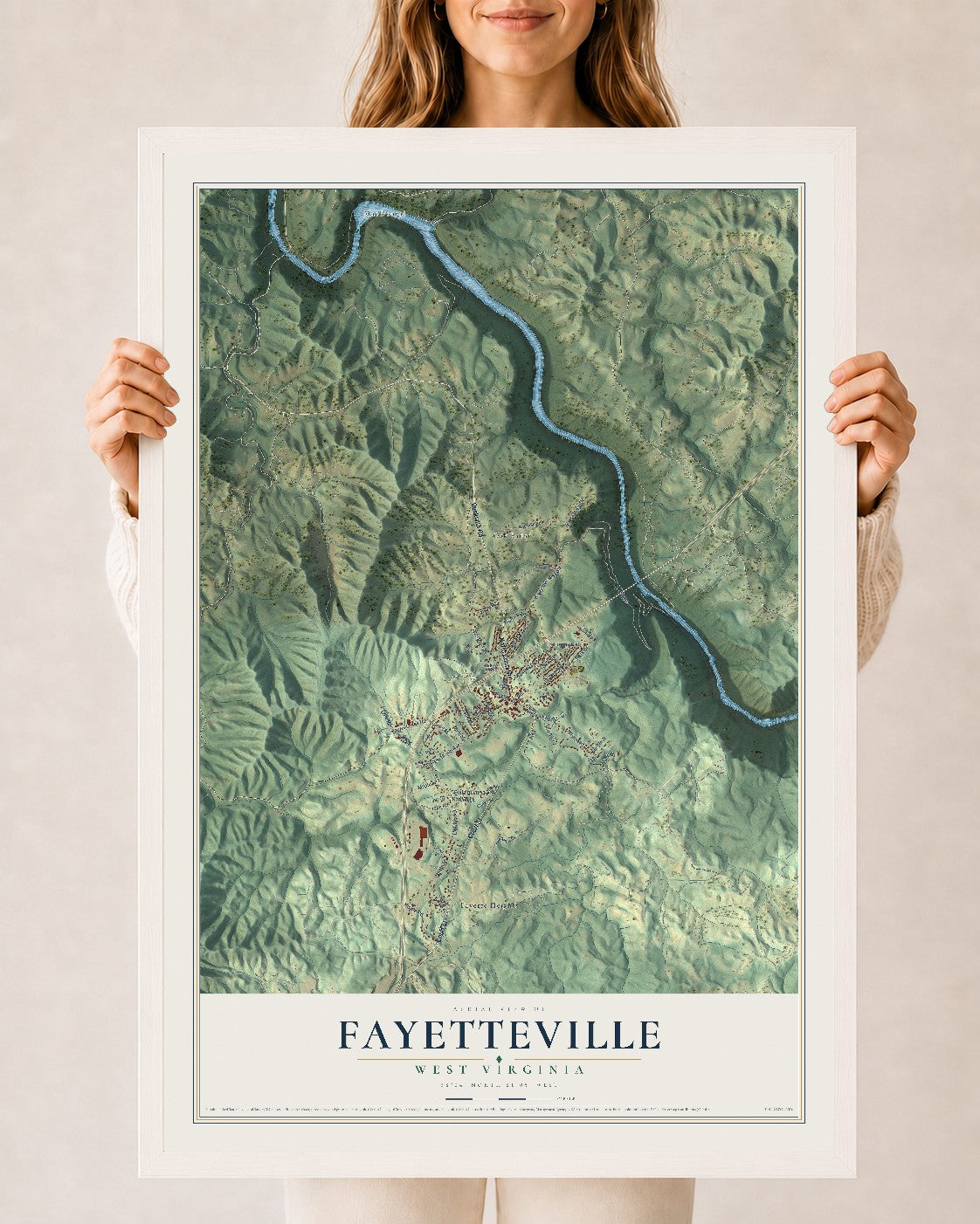 Map of Fayetteville, West Virginia, 24 x 36 inch print in a white wood frame
