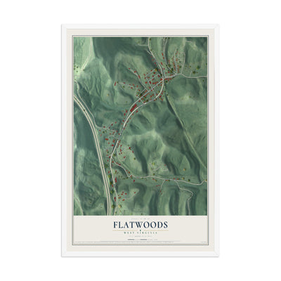 Map of Flatwoods, West Virginia, 12 x 18 inch print in a white wood frame