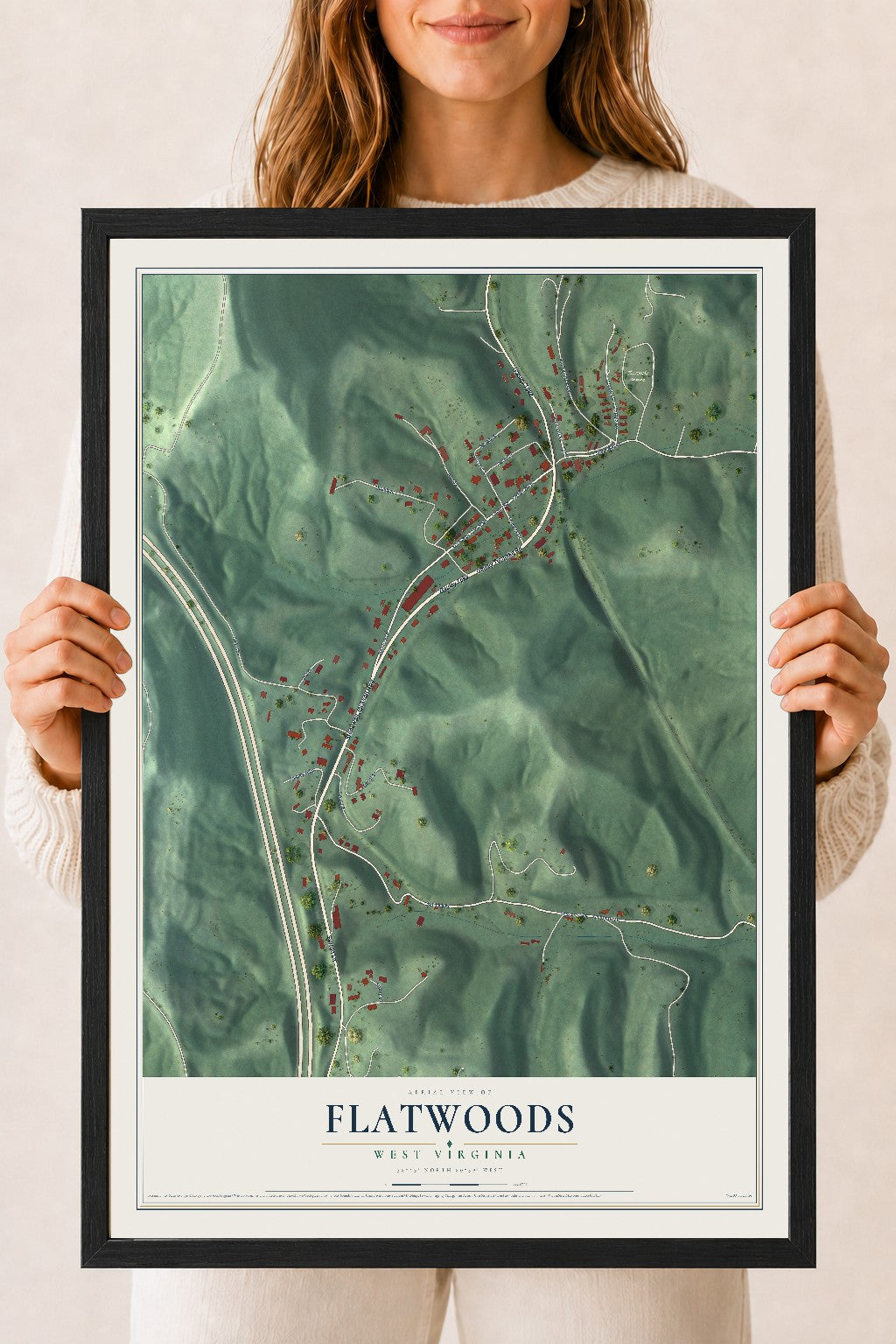 Map of Flatwoods, West Virginia, 18 x 24 inch print in a black wood frame