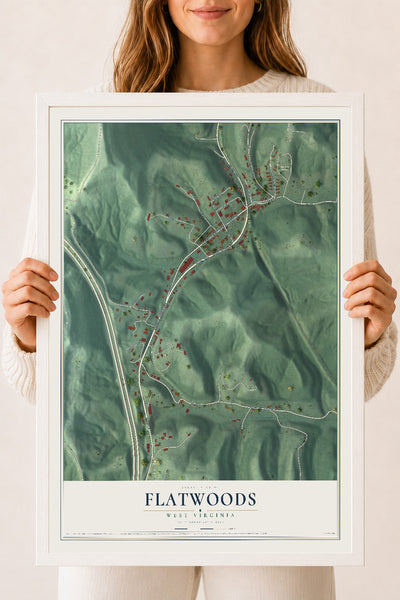 Map of Flatwoods, West Virginia, 18 x 24 inch print in a white wood frame