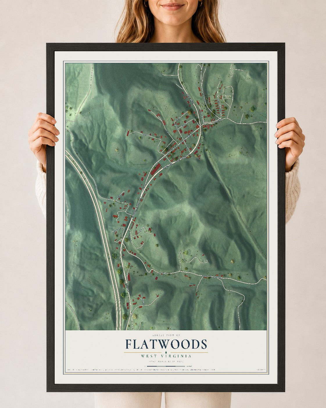 Map of Flatwoods, West Virginia, 24 x 36 inch print in a black wood frame