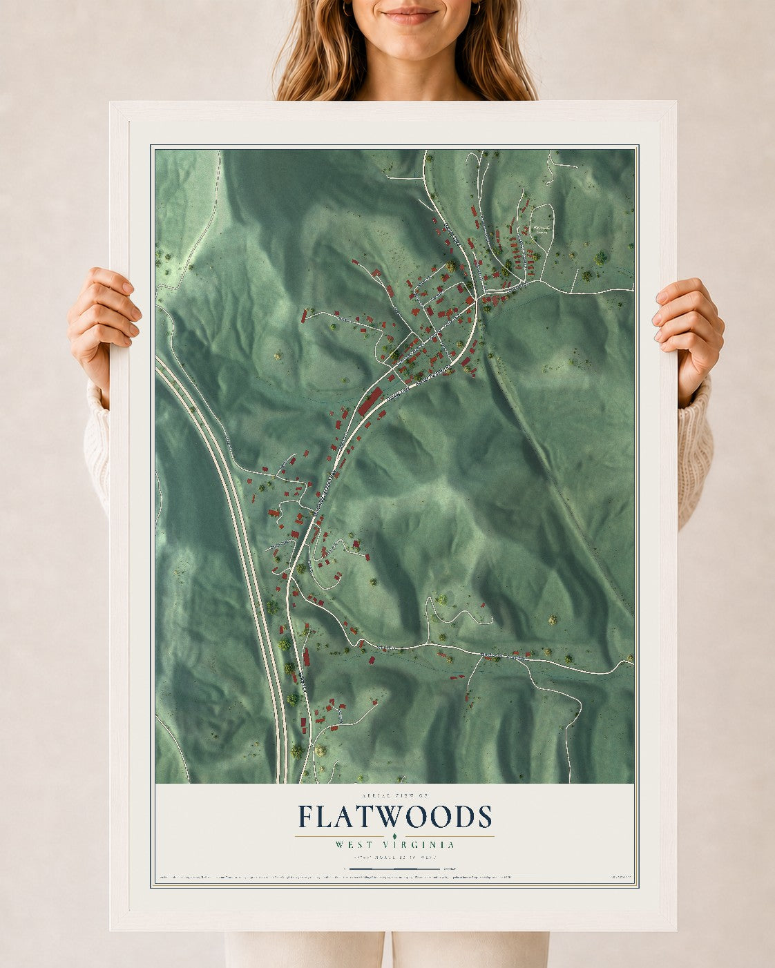 Map of Flatwoods, West Virginia, 24 x 36 inch print in a white wood frame