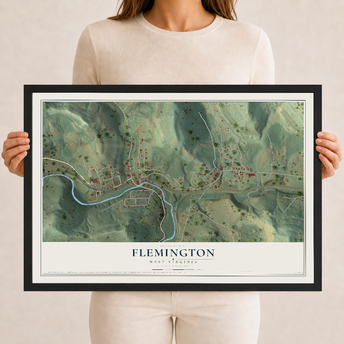 Map of Flemington, West Virginia, 12 x 18 inch print in a black wood frame