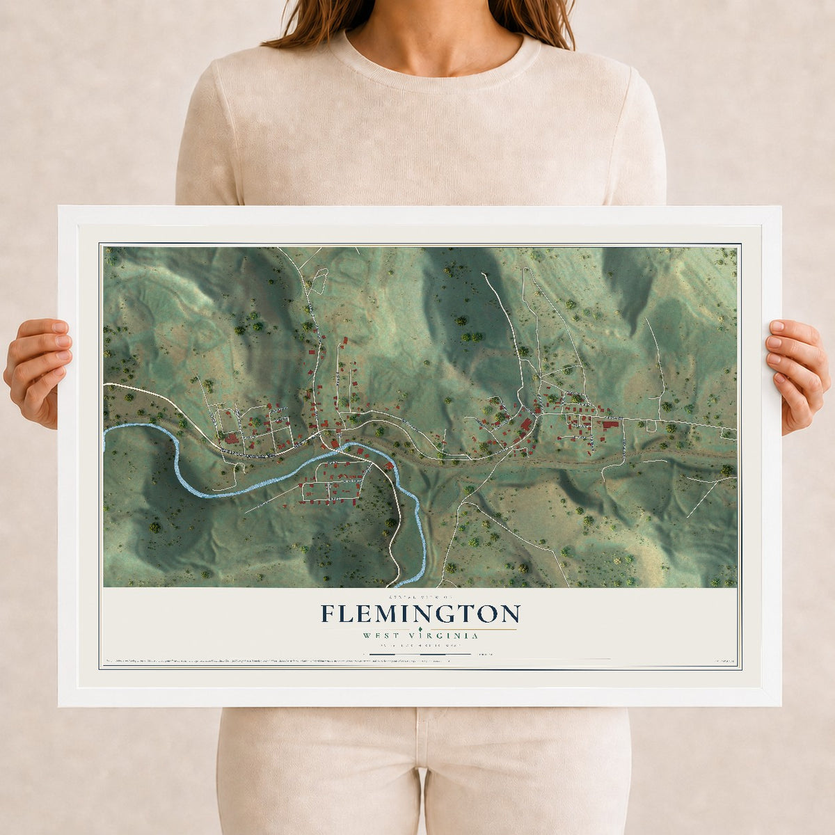 Map of Flemington, West Virginia, 12 x 18 inch print in a white wood frame