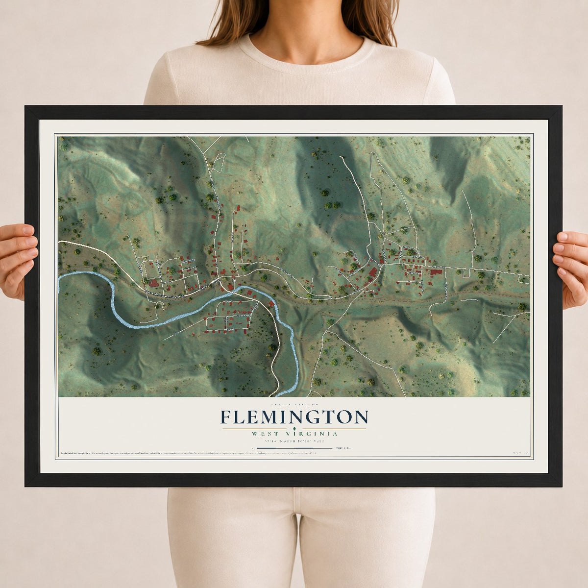 Map of Flemington, West Virginia, 18 x 24 inch print in a black wood frame