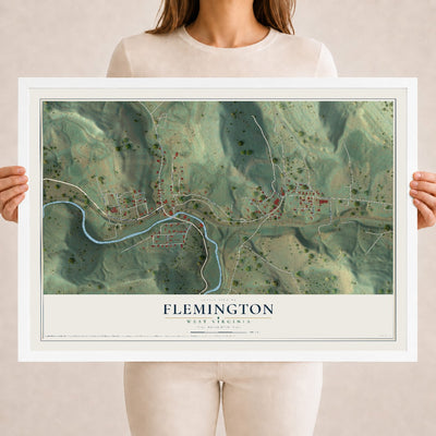 Map of Flemington, West Virginia, 18 x 24 inch print in a white wood frame