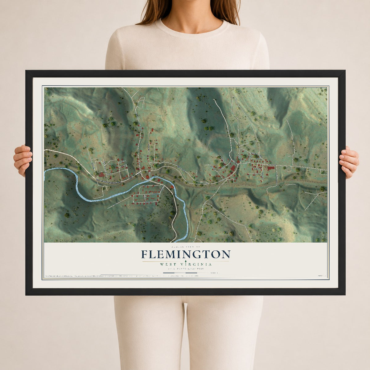 Map of Flemington, West Virginia, 24 x 36 inch print in a black wood frame