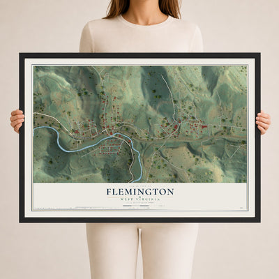 Map of Flemington, West Virginia, 24 x 36 inch print in a black wood frame