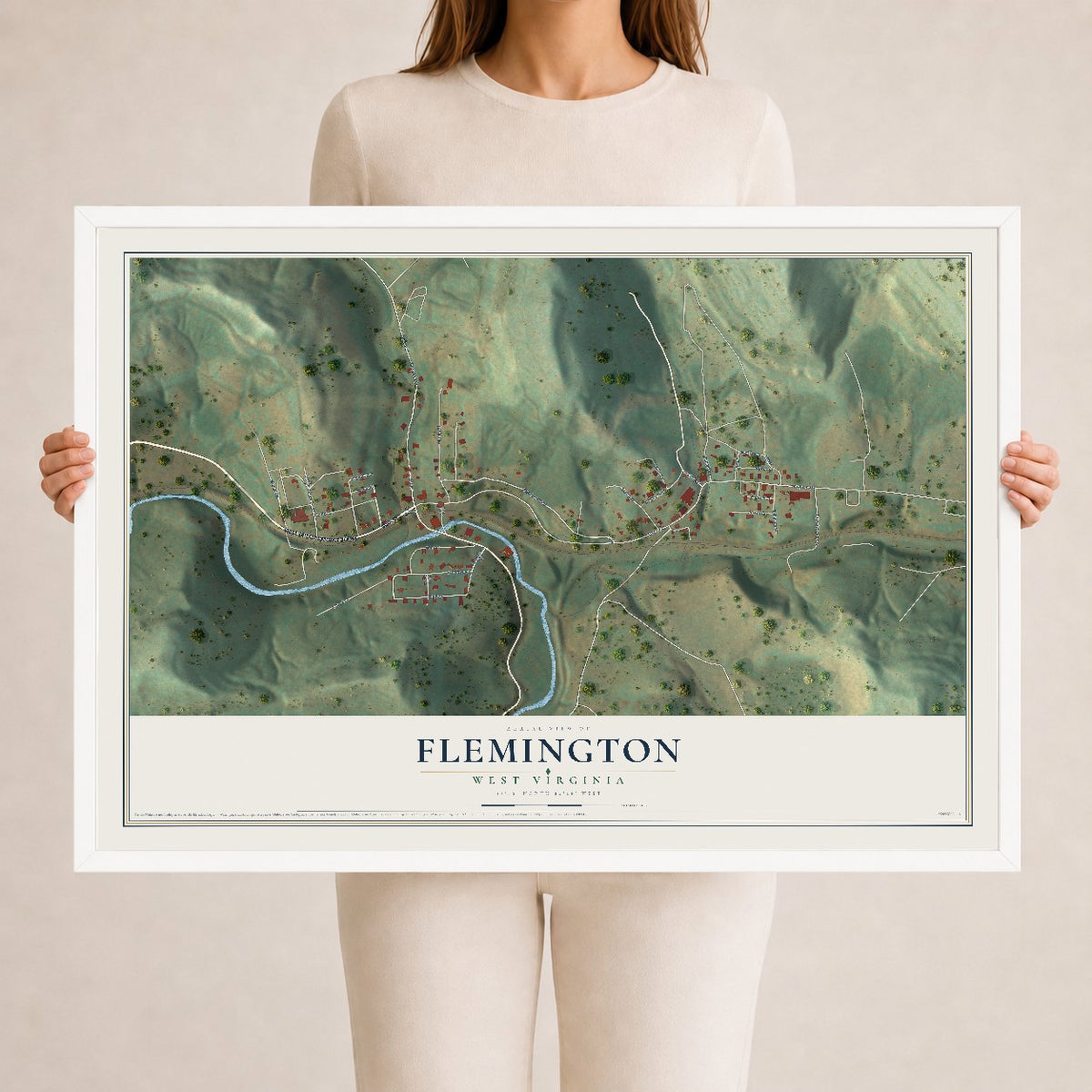 Map of Flemington, West Virginia, 24 x 36 inch print in a white wood frame