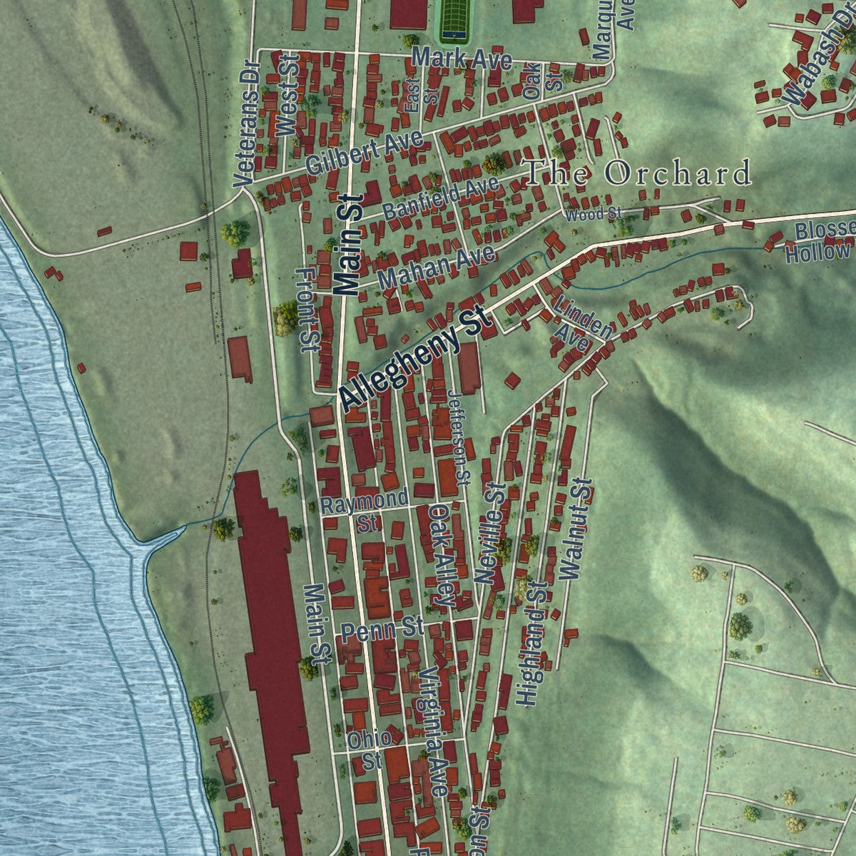 Close-up of the map of Follansbee, West Virginia print showing street and building detail