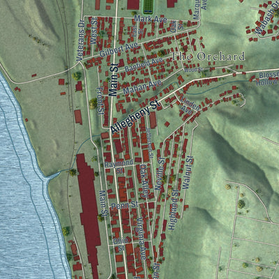 Close-up of the map of Follansbee, West Virginia print showing street and building detail