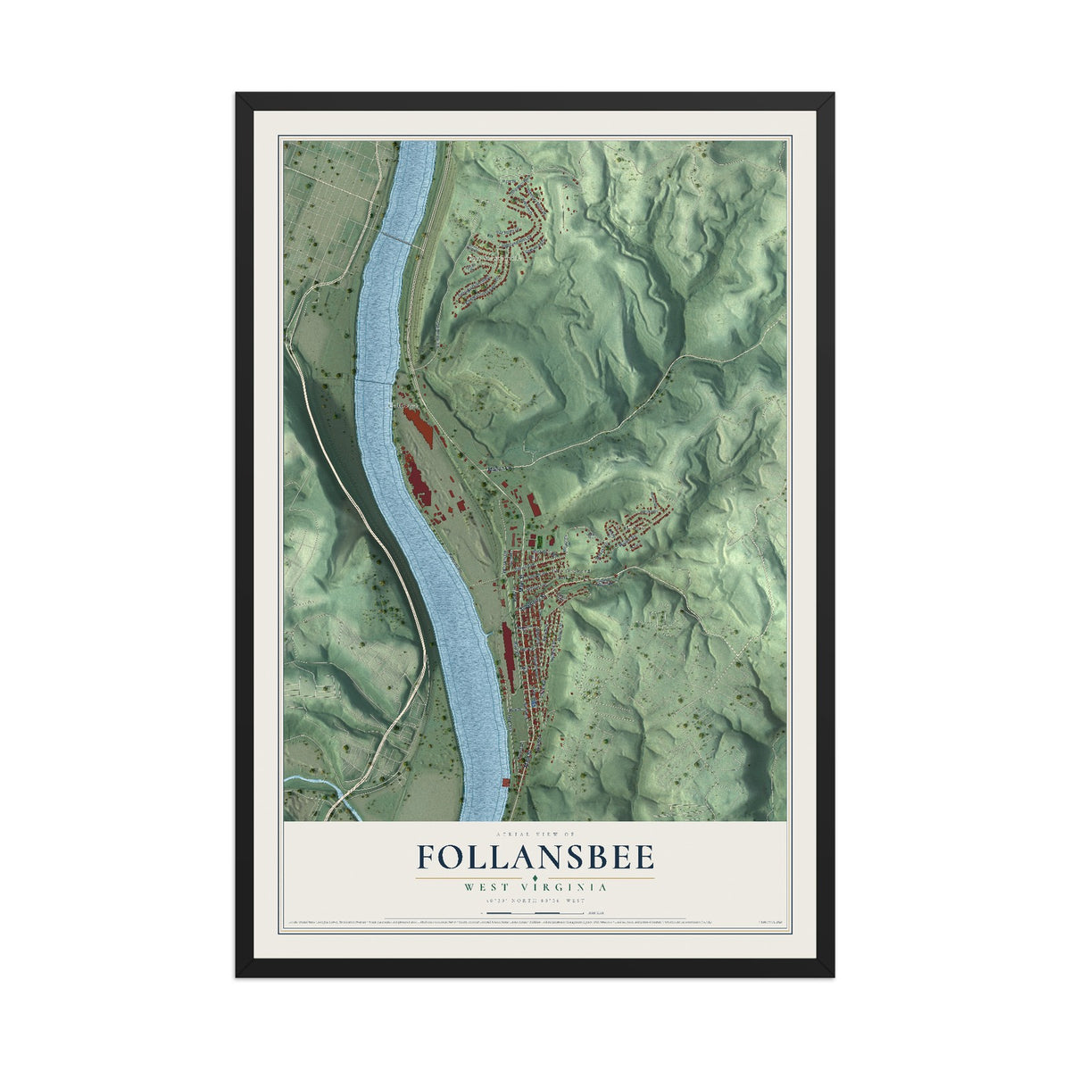 Map of Follansbee, West Virginia, 12 x 18 inch print in a black wood frame