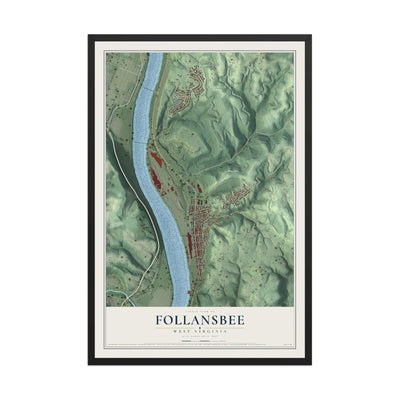 Map of Follansbee, West Virginia, 12 x 18 inch print in a black wood frame