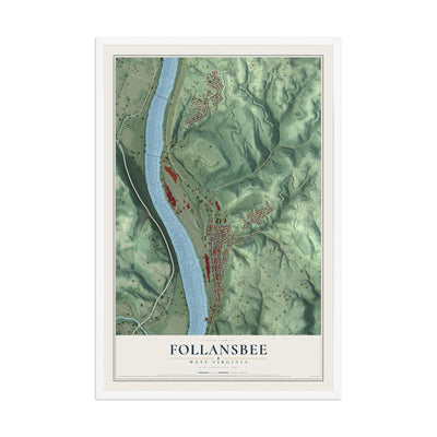 Map of Follansbee, West Virginia, 12 x 18 inch print in a white wood frame