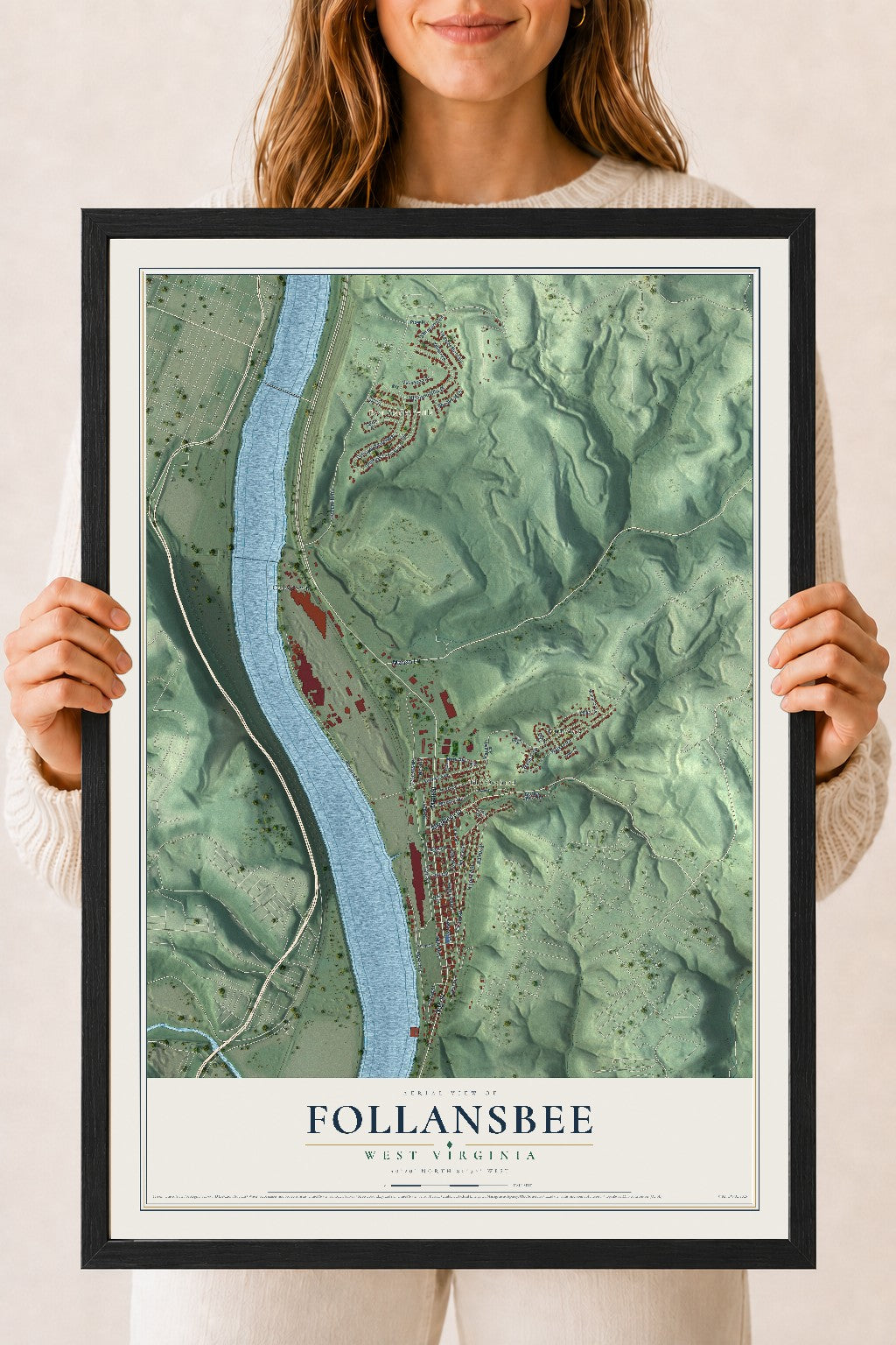 Map of Follansbee, West Virginia, 18 x 24 inch print in a black wood frame