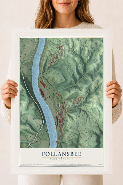 Map of Follansbee, West Virginia, 18 x 24 inch print in a white wood frame