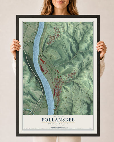 Map of Follansbee, West Virginia, 24 x 36 inch print in a black wood frame
