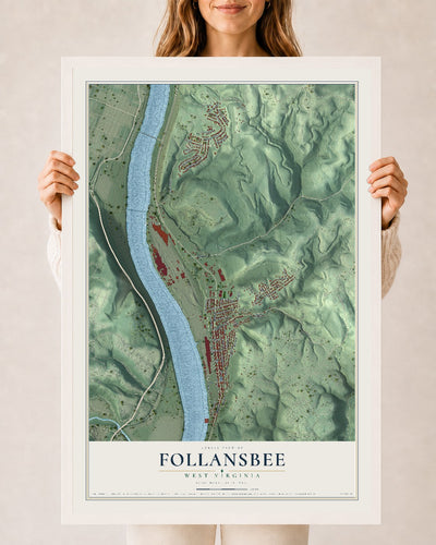 Map of Follansbee, West Virginia, 24 x 36 inch print in a white wood frame
