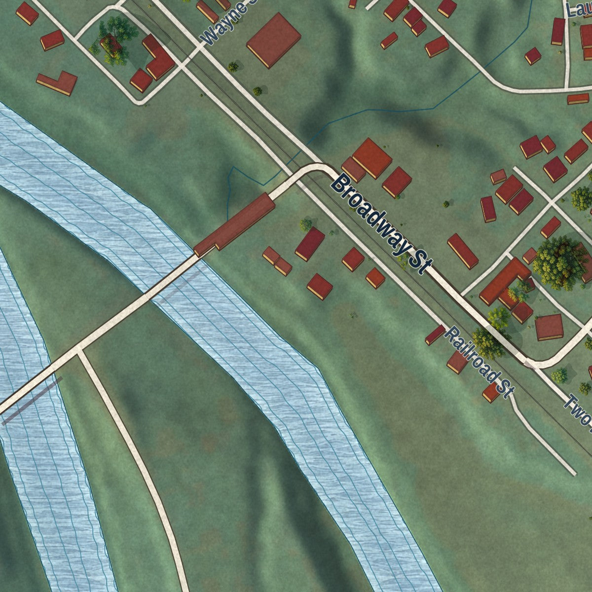 Second close-up of the map of Fort Gay, West Virginia print showing more streets and buildings