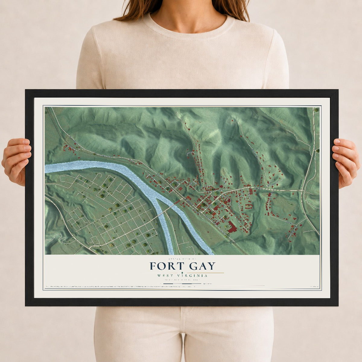 Map of Fort Gay, West Virginia, 12 x 18 inch print in a black wood frame