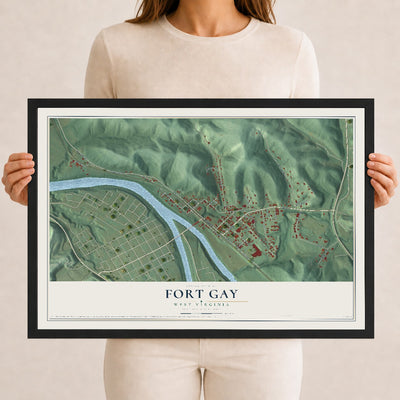 Map of Fort Gay, West Virginia, 12 x 18 inch print in a black wood frame