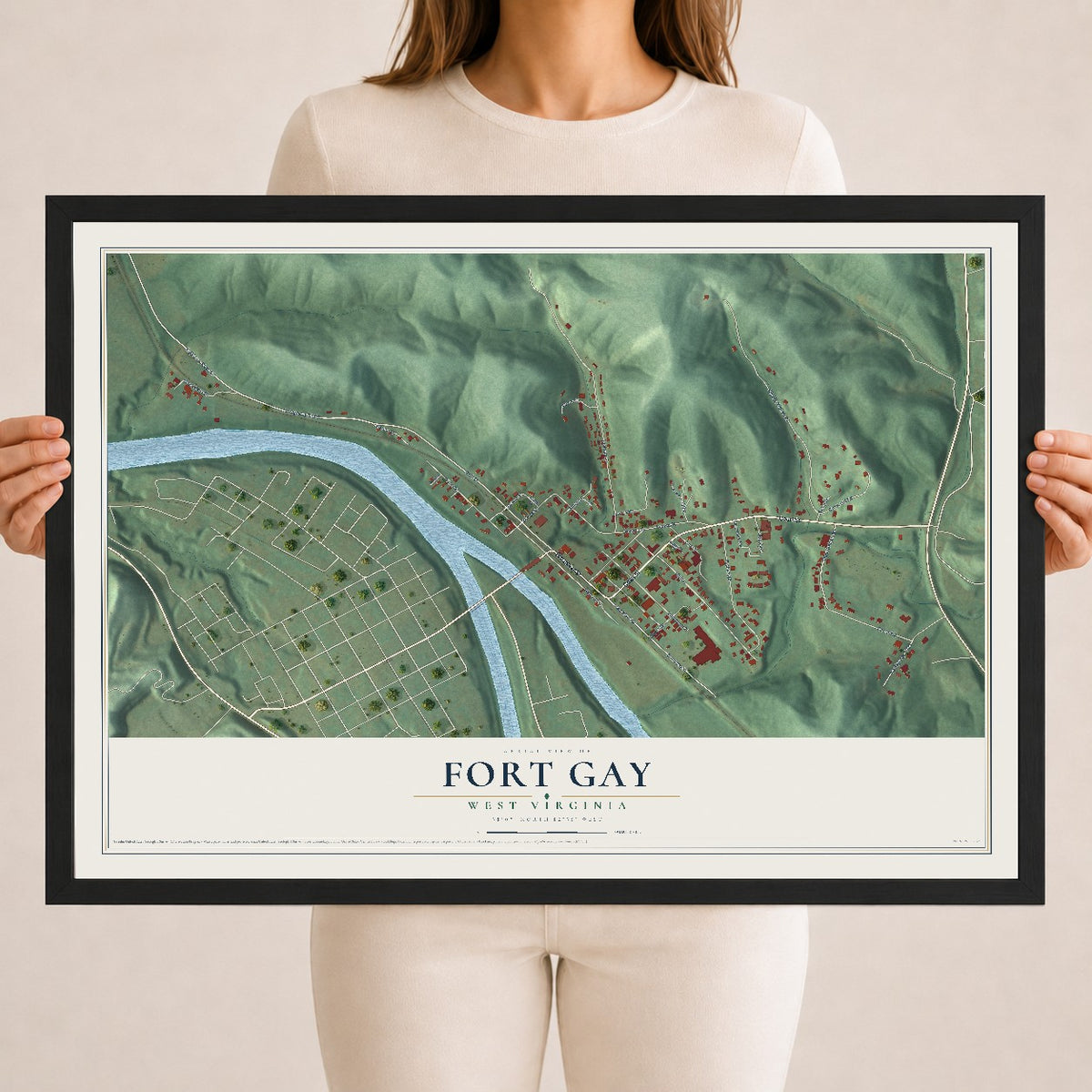 Map of Fort Gay, West Virginia, 18 x 24 inch print in a black wood frame