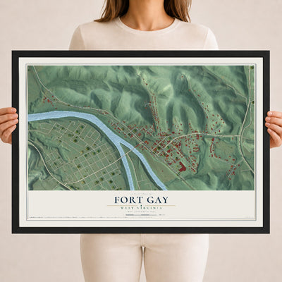 Map of Fort Gay, West Virginia, 18 x 24 inch print in a black wood frame