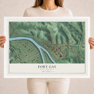 Map of Fort Gay, West Virginia, 18 x 24 inch print in a white wood frame