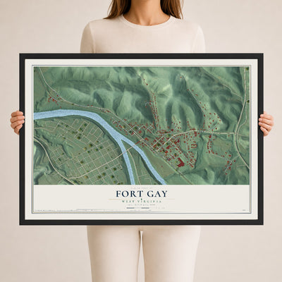 Map of Fort Gay, West Virginia, 24 x 36 inch print in a black wood frame
