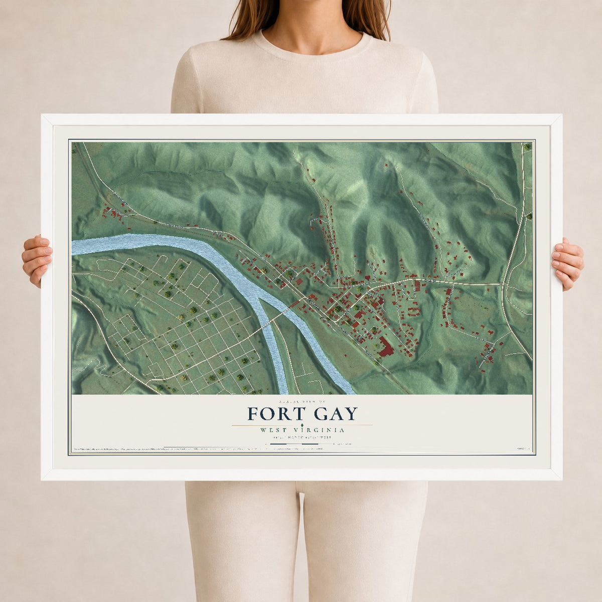 Map of Fort Gay, West Virginia, 24 x 36 inch print in a white wood frame
