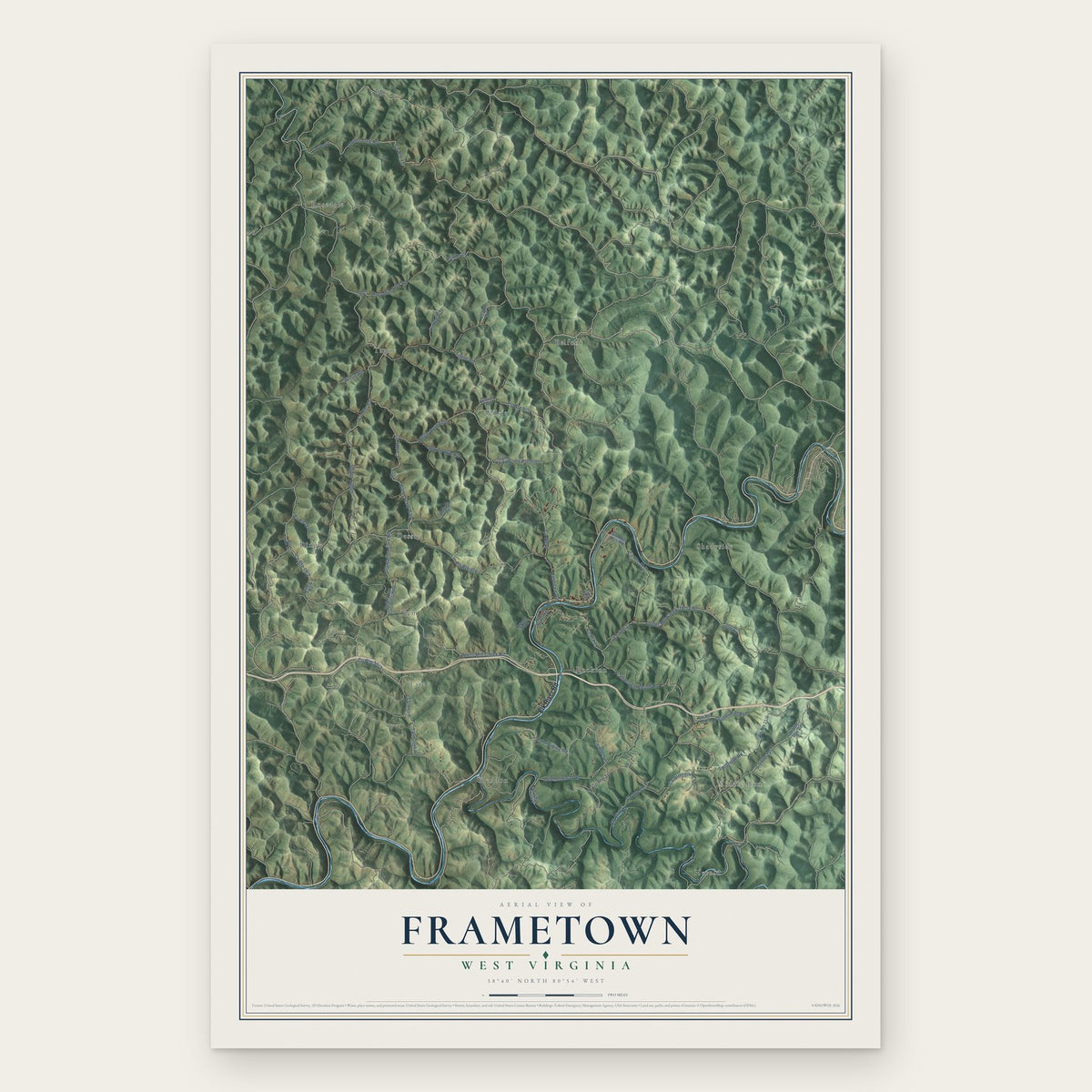 Frametown, West Virginia map print, the full design