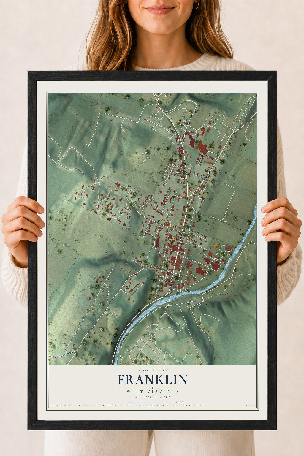 Map of Franklin, West Virginia, 18 x 24 inch print in a black wood frame