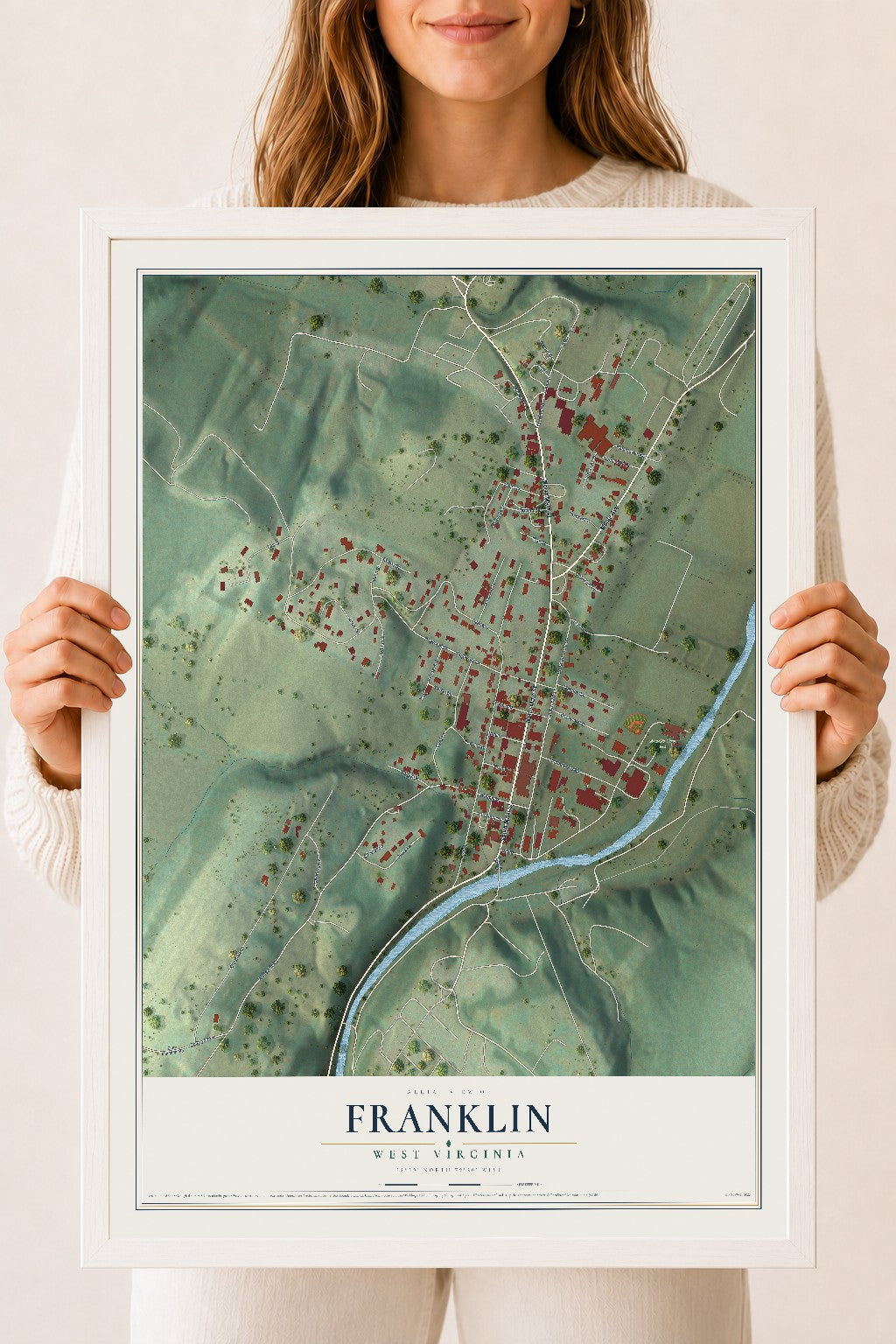 Map of Franklin, West Virginia, 18 x 24 inch print in a white wood frame