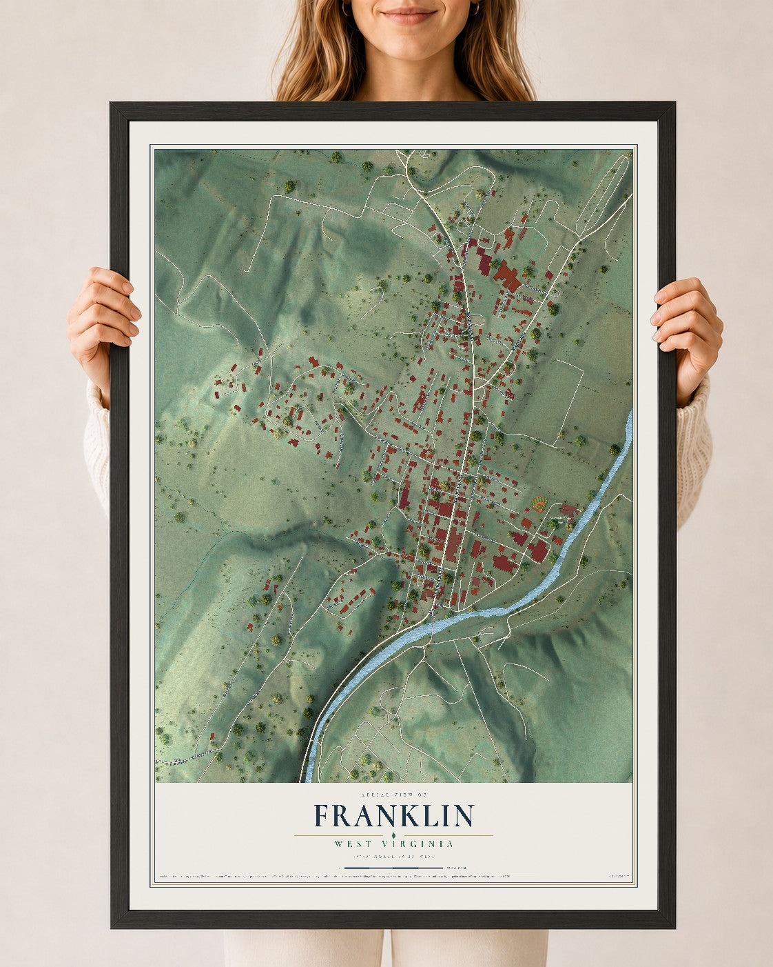 Map of Franklin, West Virginia, 24 x 36 inch print in a black wood frame