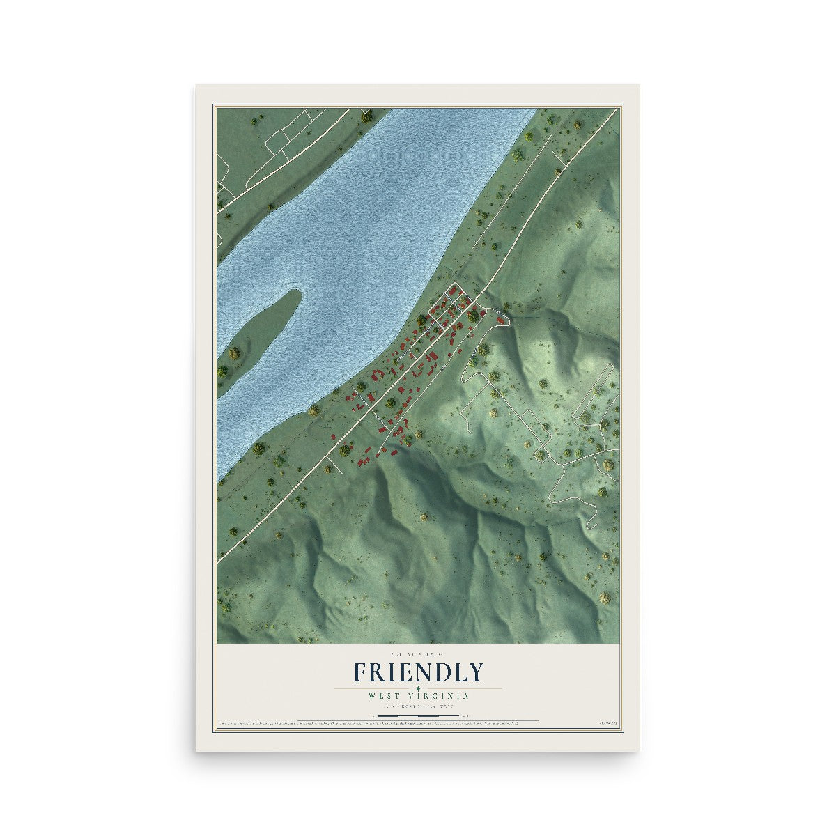 Map of Friendly, West Virginia, 12 x 18 inch unframed archival matte print