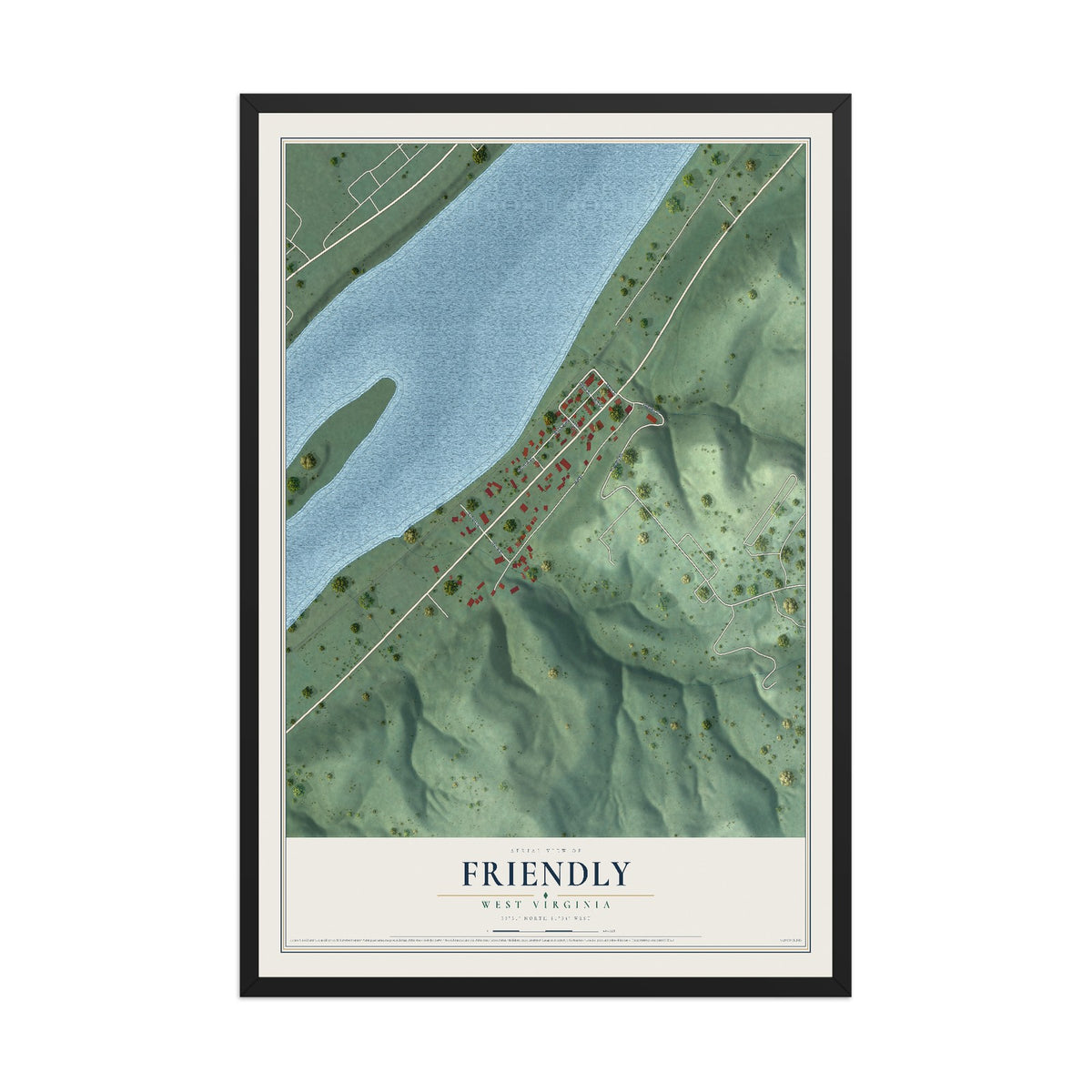 Map of Friendly, West Virginia, 12 x 18 inch print in a black wood frame