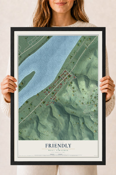 Map of Friendly, West Virginia, 18 x 24 inch print in a black wood frame