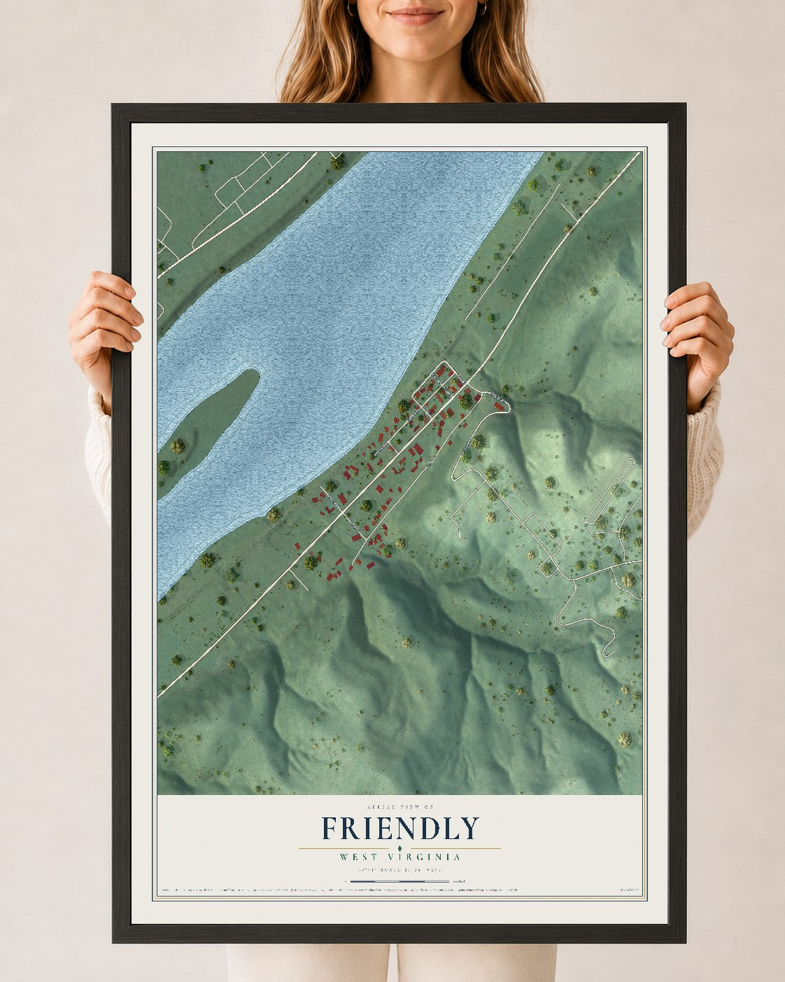 Map of Friendly, West Virginia, 24 x 36 inch print in a black wood frame