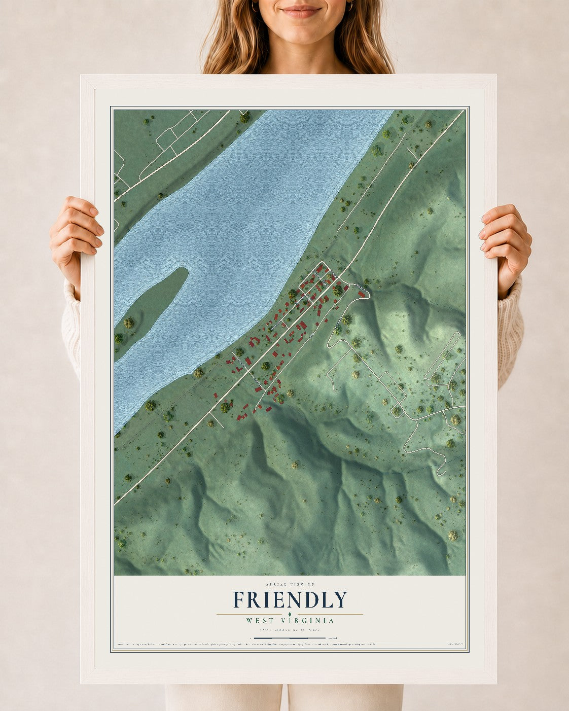 Map of Friendly, West Virginia, 24 x 36 inch print in a white wood frame