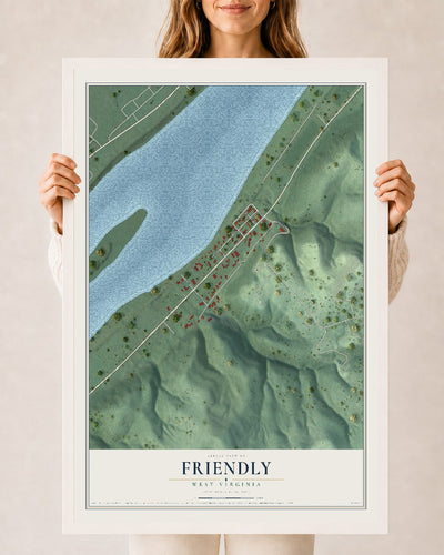 Map of Friendly, West Virginia, 24 x 36 inch print in a white wood frame