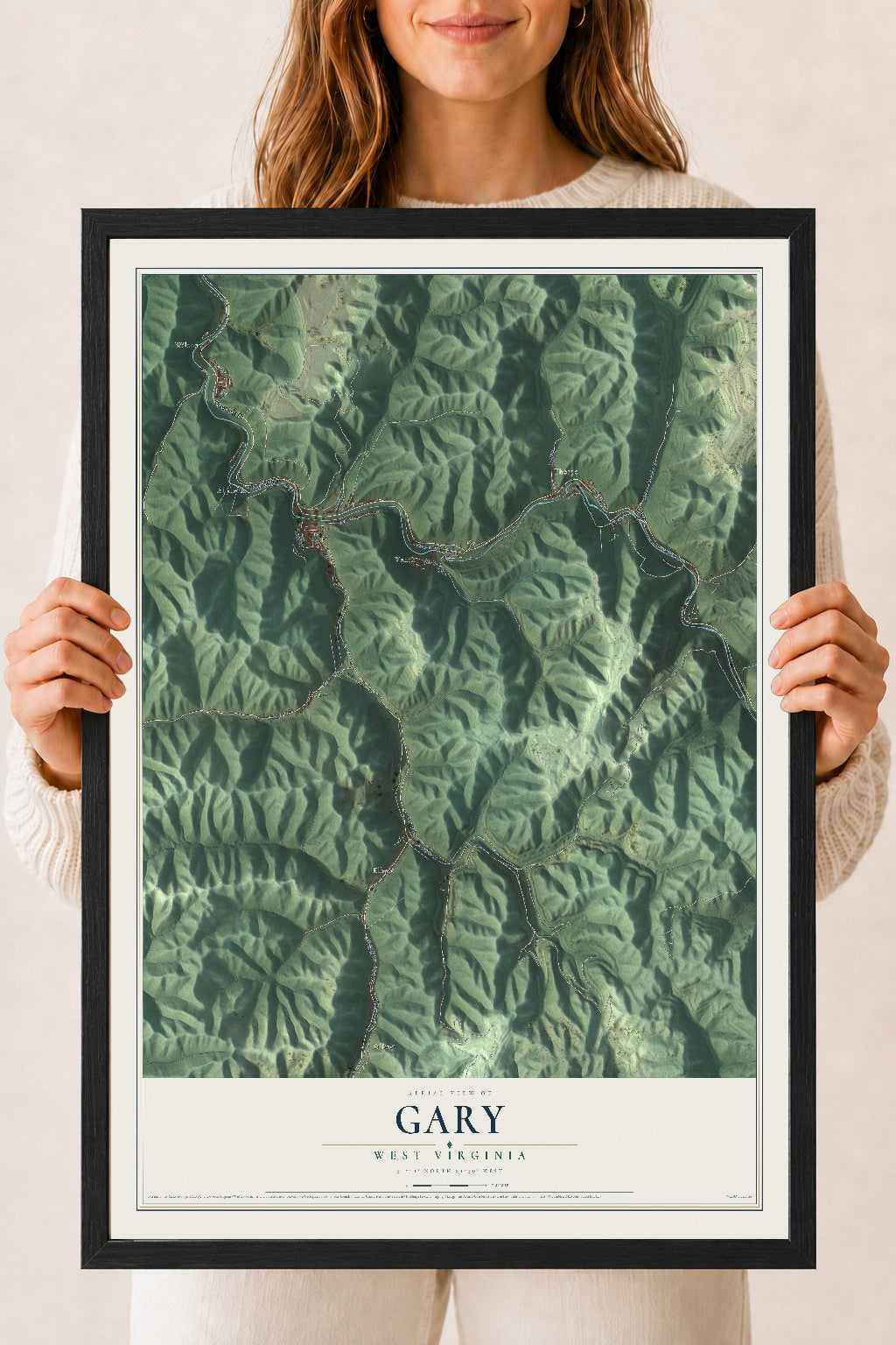 Map of Gary, West Virginia, 18 x 24 inch print in a black wood frame
