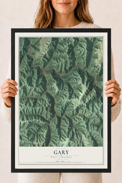 Map of Gary, West Virginia, 18 x 24 inch print in a black wood frame