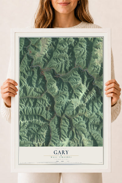 Map of Gary, West Virginia, 18 x 24 inch print in a white wood frame