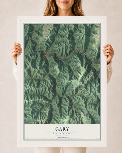 Map of Gary, West Virginia, 24 x 36 inch print in a white wood frame