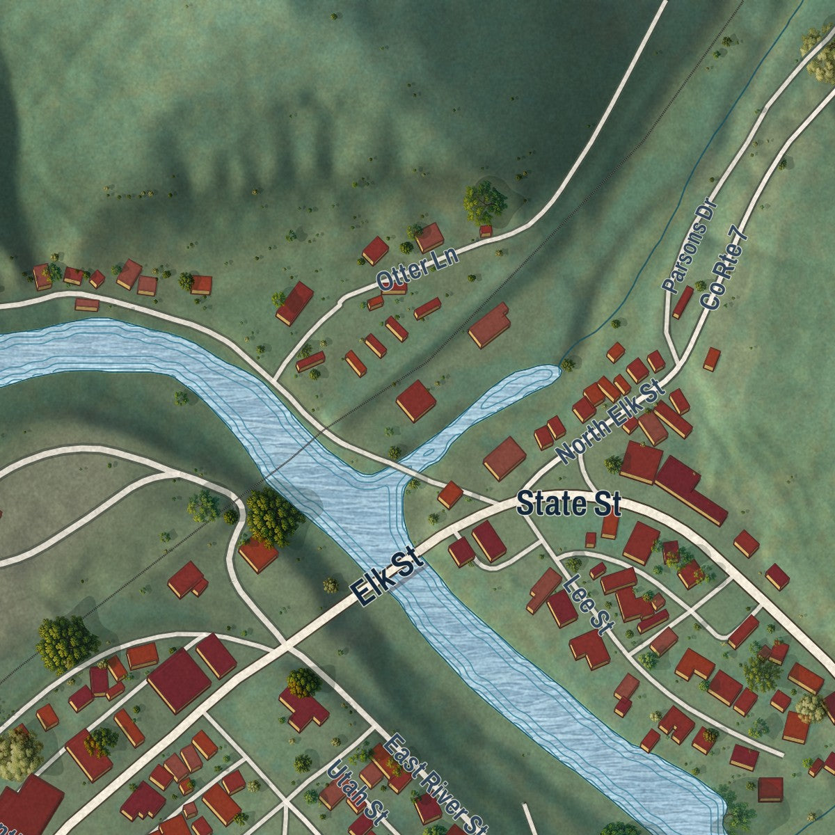 Second close-up of the map of Gassaway, West Virginia print showing more streets and buildings
