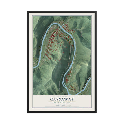 Map of Gassaway, West Virginia, 12 x 18 inch print in a black wood frame