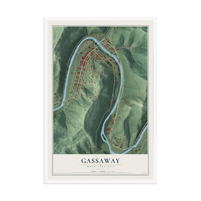 Map of Gassaway, West Virginia, 12 x 18 inch print in a white wood frame