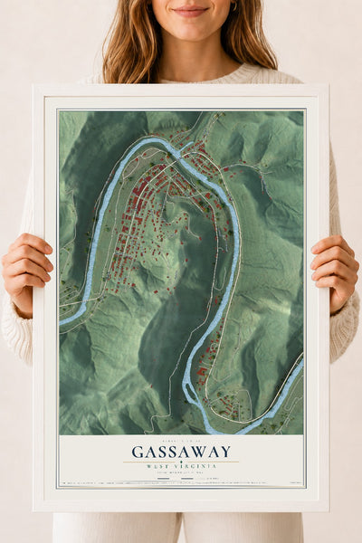 Map of Gassaway, West Virginia, 18 x 24 inch print in a white wood frame