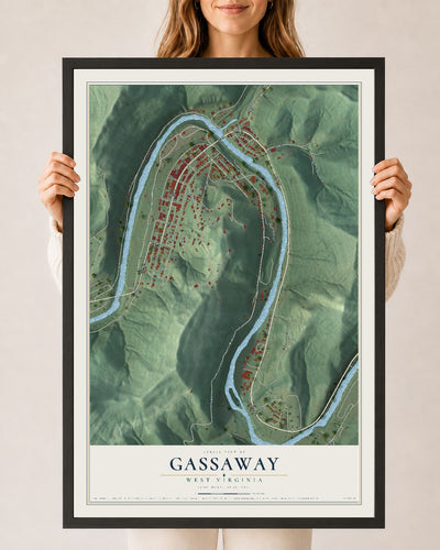 Map of Gassaway, West Virginia, 24 x 36 inch print in a black wood frame